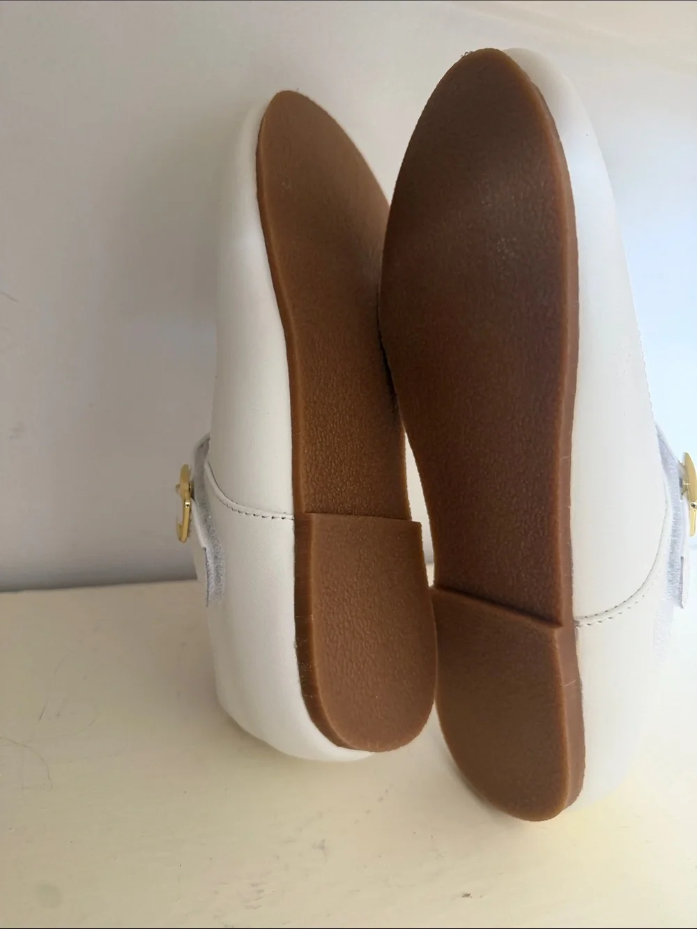 L’amour White Mary Jane Dress Shoes with Gold Buckle NWOT